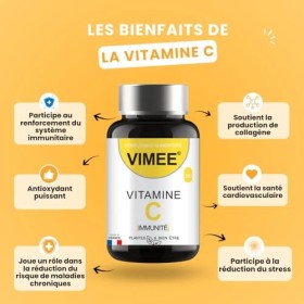 Vitamine C Vimee - Acide L-Ascorbique Pur et Naturel - Complément Alimentaire Immunité, Energie, Stress, Peau - 120 Gélules d