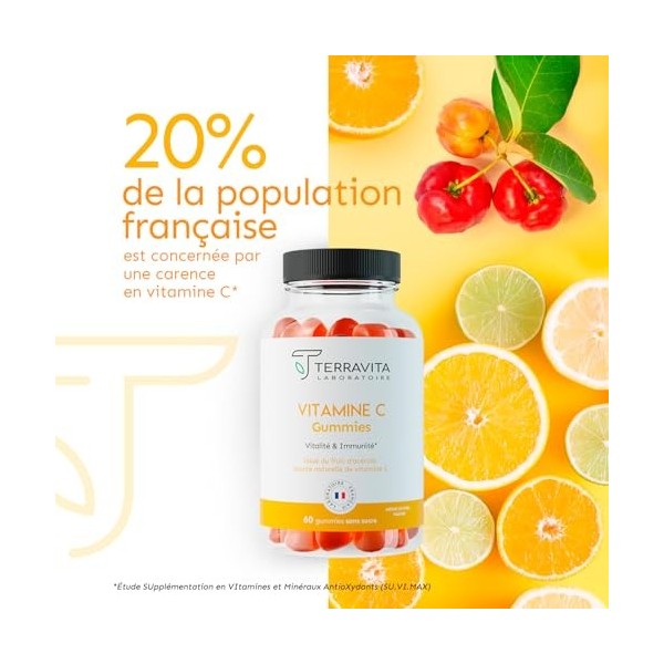 Gummies VITAMINE C Acérola | Enfants & Adultes | 1 Gummy - 100% des AR | Energie - Tonus - Immunité | 60 Gummies sans Sucre |