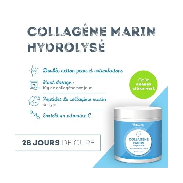 Collagène Marin Poudre 10 000mg - Peptides de Collagène Marin Hydrolysés Type 1 - Avec Vitamine C - Articulations, Peau, Anti