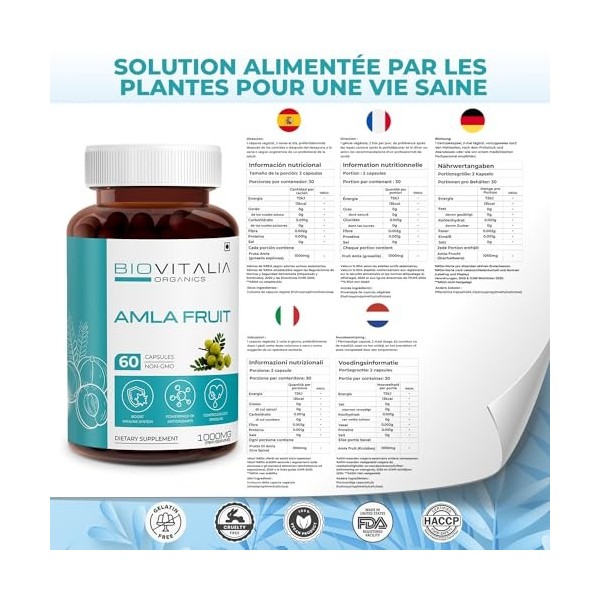 Biovitalia Organics Amla Fruit 1000 mg Capsule | Complément alimentaire | Soutient la santé | Favoriser la digestion | Souten