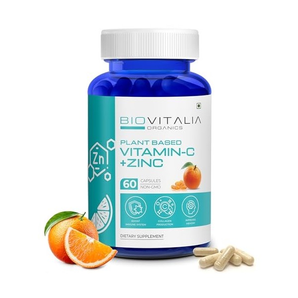 Biovitalia Vitamine C + Zinc|Réduit le risque de rhume et de grippe|Renforce la fonction immunitaire|Améliore lhumeur et la 
