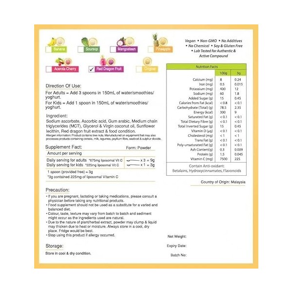 Vitamine C liposomale + poudre dextrait standardisé du fruit du dragon - Poudre 150g pur 100% naturel sans additif - Pour so