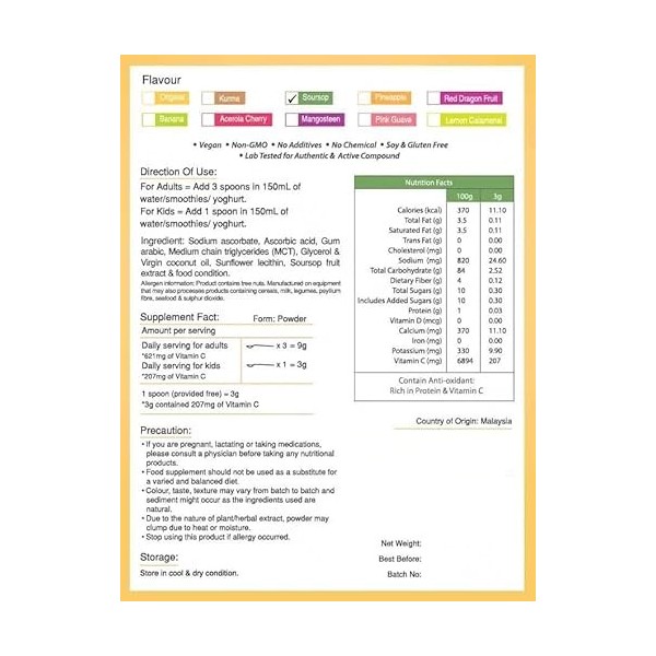 Vitamine C liposomale + poudre dextrait standardisé de corossol - Poudre 150g pur 100% naturel sans additif - Pour soupe, sm