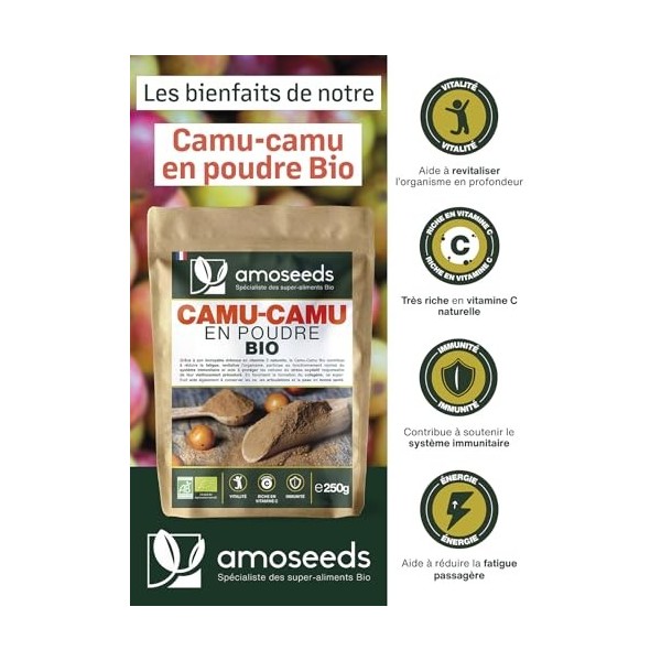 Camu-camu en poudre BIO 250G | 125% apports en Vitamine C | 100% Naturel et Pur | Immunité, Vitalité, Antioxydant | Sans OGM,