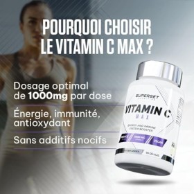 Superset Nutrition - Vitamin C Max 90 capsules végétales - 1000 mg de vitamine C pure - Antioxydant, métabolisme énergétiqu