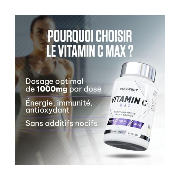 Superset Nutrition - Vitamin C Max 90 capsules végétales - 1000 mg de vitamine C pure - Antioxydant, métabolisme énergétiqu