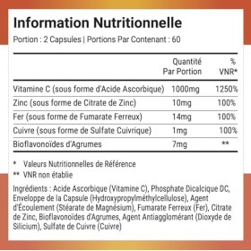Nutri-Align Mega Vitamine C | 120 Capsules de Vitamine C Haute Teneur 1000 mg Vit C par portion - Vitamine C Zinc Fer Cuivre 
