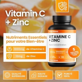 Vitamine C 1000 mg et Zinc - contribuent à la Fonction Normale du Système Immunitaire - 1 Comprimé par Jour - Haute Dosage - 