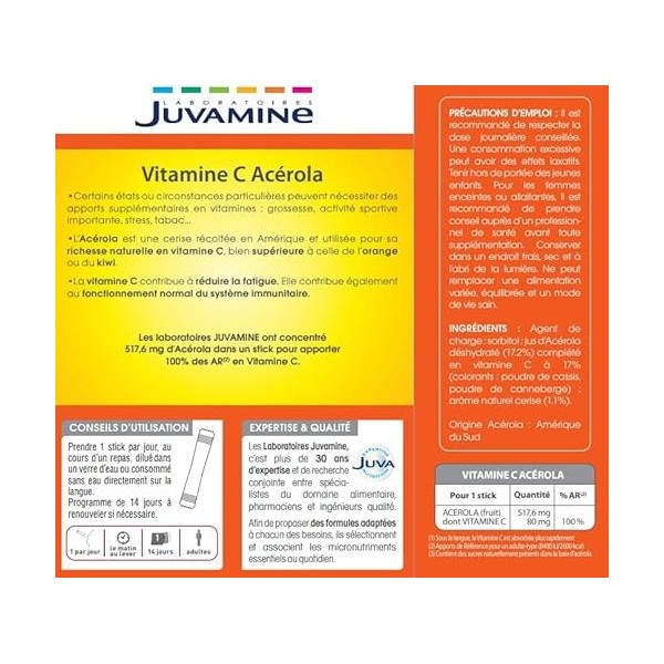 JUVAMINE - Vitamine C Acérola orodispersible - Aide à réduire la fatigue - Soutient limmunité - Absorption rapide - 14 stick