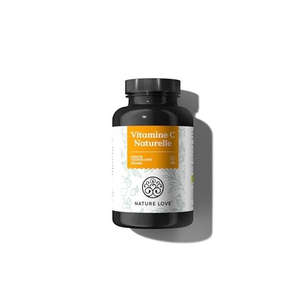 NATURE LOVE® Vitamine C Naturelle issue d’extrait d’acérola bio - 180 gélules - hautement dosé, contrôlée en laboratoire, vég