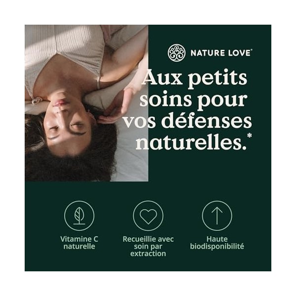 NATURE LOVE® Vitamine C Naturelle issue d’extrait d’acérola bio - 180 gélules - hautement dosé, contrôlée en laboratoire, vég