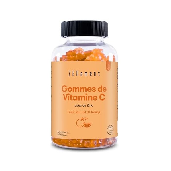 Vitamine C Gummies et Zinc - 120 Gommies Vegan 2Mois Pour Adultes & Enfants - Arôme Naturel dOrange - 250mg Acide Ascorbiq
