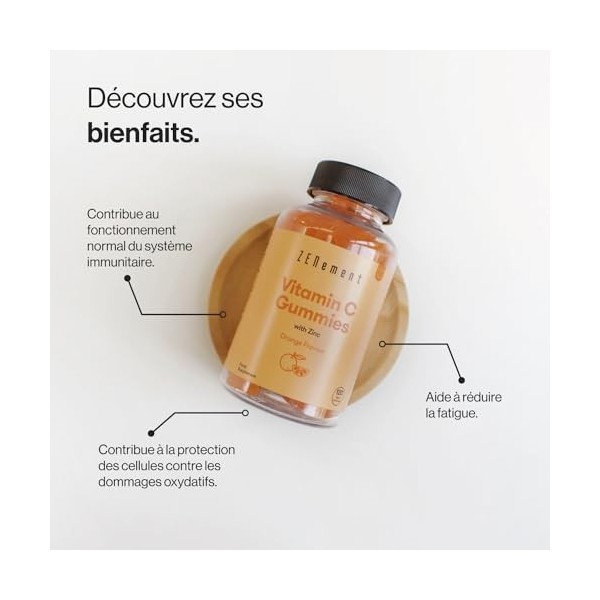 Vitamine C Gummies et Zinc - 120 Gommies Vegan 2Mois Pour Adultes & Enfants - Arôme Naturel dOrange - 250mg Acide Ascorbiq