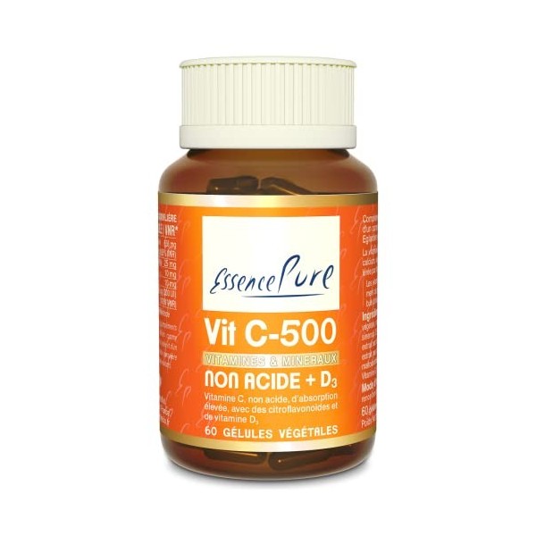 Vitamine C 500 mg Essence Pure - Avec Acérola, Eglantier, Complexe de Citroflavonoïdes et Vitamine D3 - Ascorbate de Calcium 