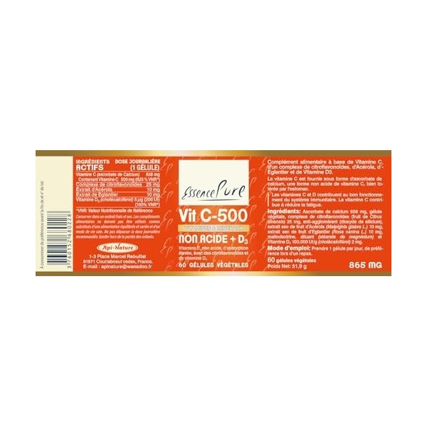 Vitamine C 500 mg Essence Pure - Avec Acérola, Eglantier, Complexe de Citroflavonoïdes et Vitamine D3 - Ascorbate de Calcium 