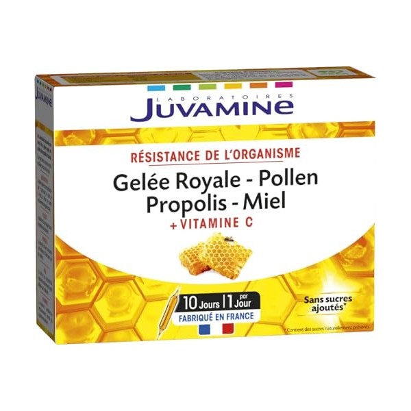 JUVAMINE - Gelée royale - Pollen - Propolis - Miel - Vitamine C - Produits de la Ruche - 10 ampoules - Résistance de lorgani