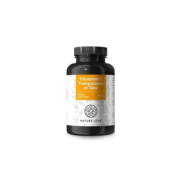 NATURE LOVE® Vitamine C Tamponnée et Zinc – 180 gélules – hautement dosé : 1000mg vitamine C + 15mg zinc – fermentation de ma