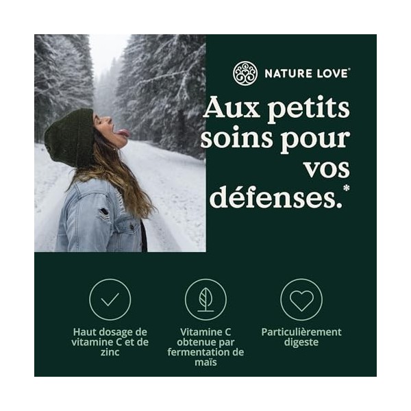 NATURE LOVE® Vitamine C Tamponnée et Zinc – 180 gélules – hautement dosé : 1000mg vitamine C + 15mg zinc – fermentation de ma