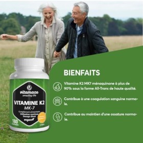 Vitamine K2 MK-7 à Fort Dosage, 200 mcg Ménaquinone pour 6 Mois - 180 Comprimés Vegan - Qualité Allemande, Complément Aliment