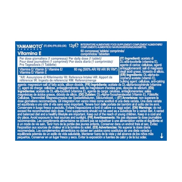 YAMAMOTO RESEARCH Vitamina E 60mg 60 Comprimés, Protection Cellulaire contre le Stress Oxydatif