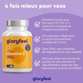 Vitamine E 210 Capsules , D-Alpha Tocophérol Bioactif et Facilement Absorbé, Cure de 3 Mois, Protège les Cellules Contre le 