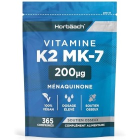 Vitamine K2 MK7 200mcg | 365 Comprimés Vegan Fort Dosage | Ménaquinone MK-7 Très Puissante | Contribue au Maintien dune Ossa