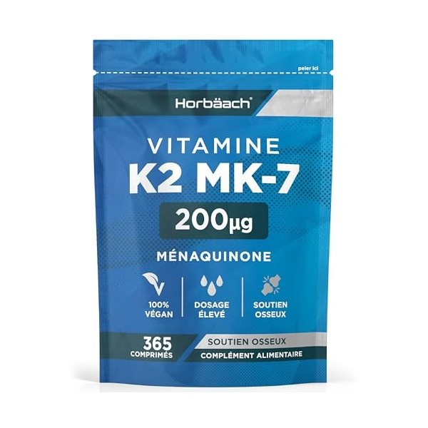 Vitamine K2 MK7 200mcg | 365 Comprimés Vegan Fort Dosage | Ménaquinone MK-7 Très Puissante | Contribue au Maintien dune Ossa