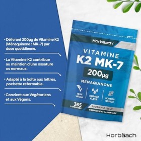 Vitamine K2 MK7 200mcg | 365 Comprimés Vegan Fort Dosage | Ménaquinone MK-7 Très Puissante | Contribue au Maintien dune Ossa