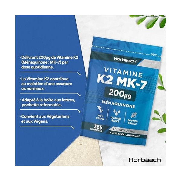 Vitamine K2 MK7 200mcg | 365 Comprimés Vegan Fort Dosage | Ménaquinone MK-7 Très Puissante | Contribue au Maintien dune Ossa
