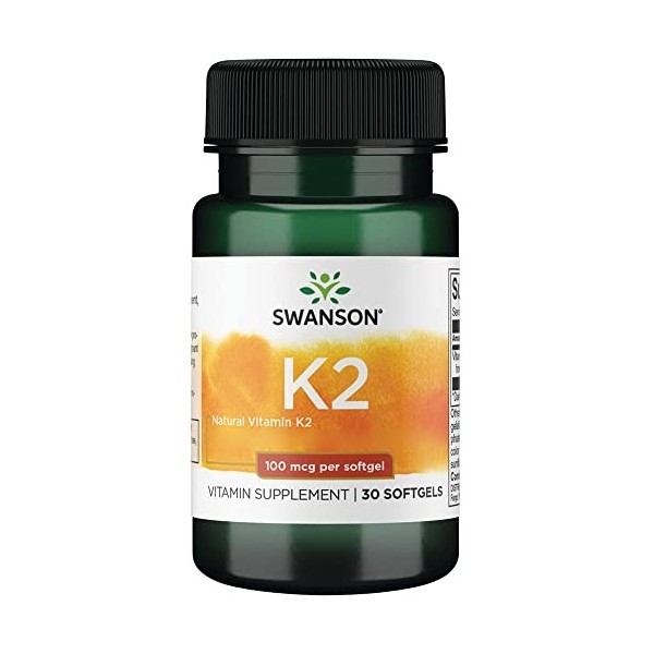 Swanson, Vitamine K2 Ménaquinone MK-7 , 100mcg, 30 Capsules molles, Haute Dosé, Sans Soja, Sans Gluten, Sans OGM