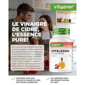 Vinaigre de cidre - 365 comprimés - Hautement dosé avec 1000 mg par portion journalière - Avec 10% dacide acétique de cidre 