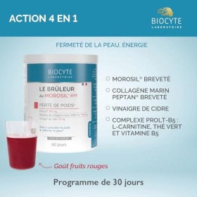 BIOCYTE Le Brûleur au Morosil® - Collagène Marin Peptan®, Vinaigre de Cidre - Energie, Fermeté De La Peau - Goût Fruits Rouge