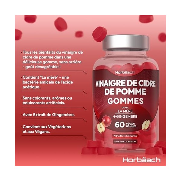 Vinaigre de Cidre de Pomme Gummies | Avec la Mère | 60 Pièces | Supplément Gommeux Végétalien | Apple Cider Vinegar | par Hor