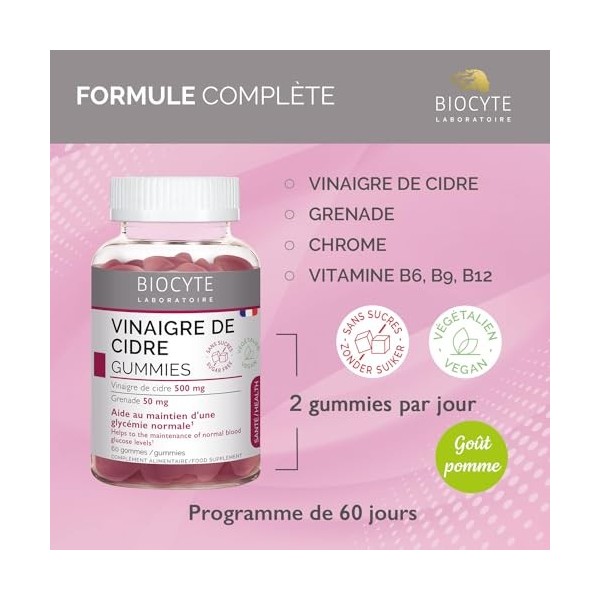 BIOCYTE Gummies Vinaigre de Cidre de Pomme - Complément alimentaire Digestion, Taux de Sucre - Vinaigre de Cidre, Grenade, Ch