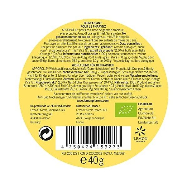 Lemon Pharma Pastilles Propolis à lArôme Thym/Miel Boite de 40 g Lot de 2 