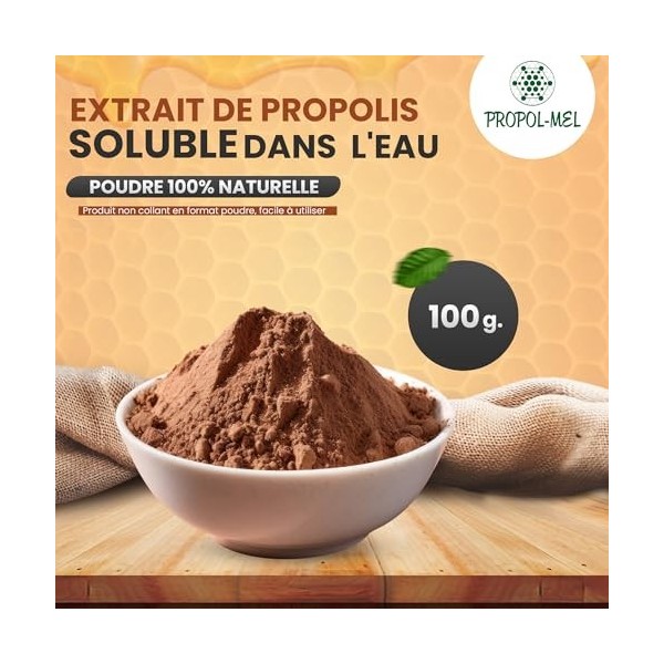 Propol-mel - Extrait de Propolis Soluble en Poudre | 100 grammes | 100% Naturel | Soluble dans lEau et les Liquides | Propol
