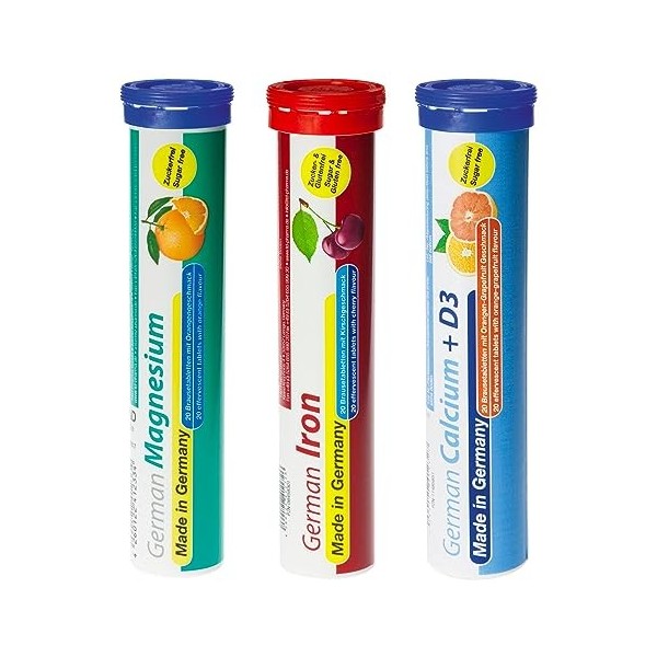 German Mineral Plus Lot de 60 comprimés effervescents pour boissons végétaliennes sans sucre Fer, calcium, magnésium – T&D Ph