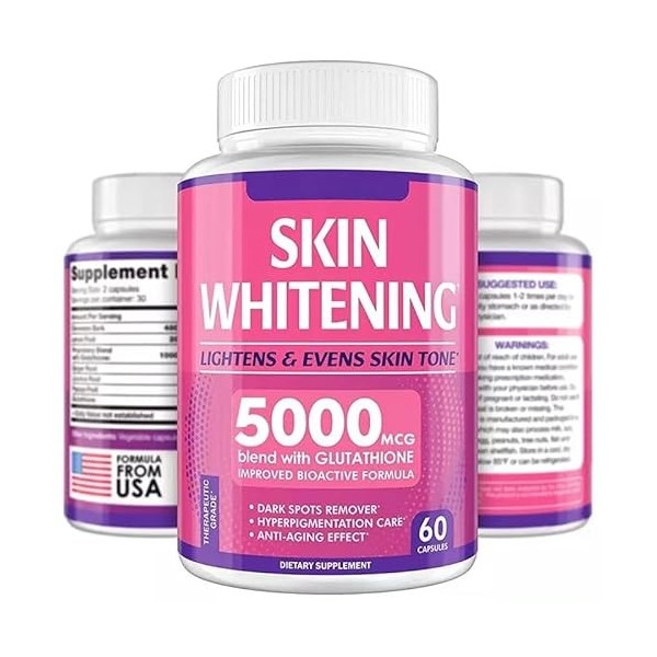 Lot de 60 capsules de glutathion, blanchiment de la peau, hyperpigmentation éclaircissante de la peau, glutathion, 5000 mg