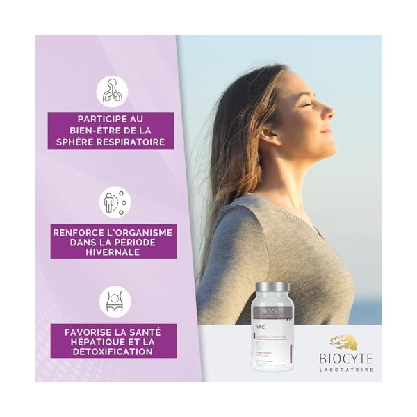 BIOCYTE NAC N-Acetyl-Cysteine 590 mg - Glutathion - Antioxydant, Détoxifiant & Bien-Être Respiratoire - 60 Gélules Vegan - Fa