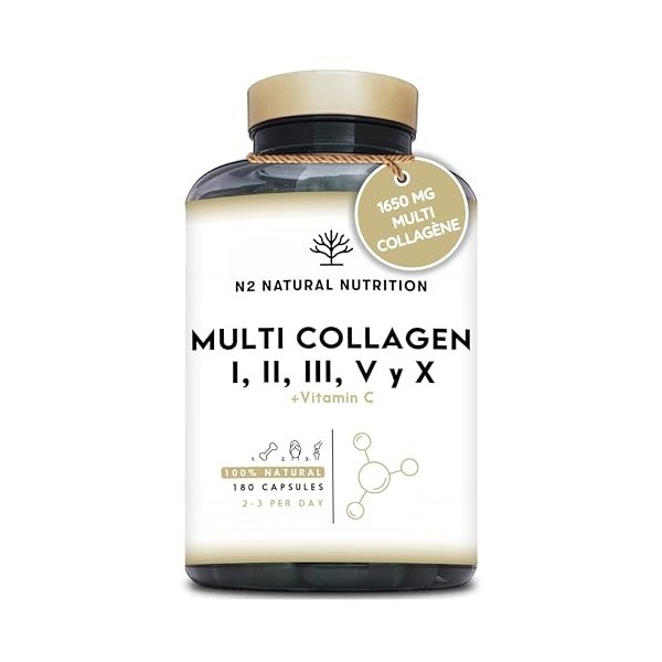 Multi Collagène Marin et Bovin 1650mg. 180 Gélules. Peptide de Collagene Hydrolysé Type 1, 2, 3, 5, 10. Complexe Collagene po