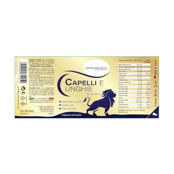 VITAMINICA Cheveux et Ongles - INDUCTEUR de Croissance, Supplément Anti-chute et Renforcement avec 20 Nutriments Anti DHT, Po