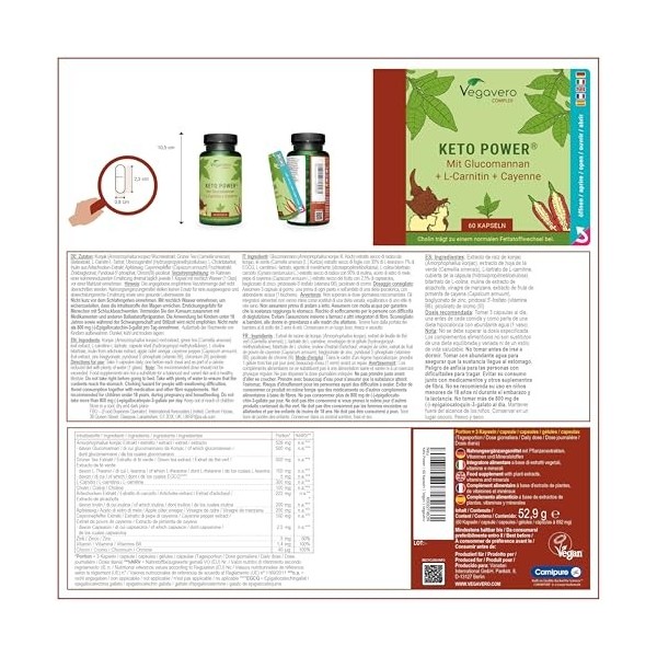 KETO Power | PERTE DE POIDS* | Avec Konjac, L-Carnitine, Thé Vert, Capsaicine | NATUREL & Sans Additifs | 60 Gélules | Vegave