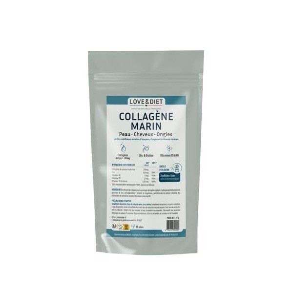 Collagène marin + zinc, B5, B6, B8 Peau Ongles Cheveux 60 gélules Cure dun mois LOVE&DIET