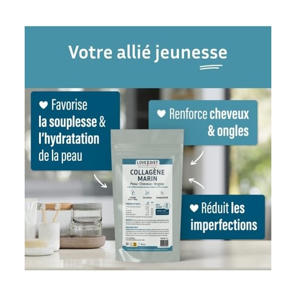Collagène marin + zinc, B5, B6, B8 Peau Ongles Cheveux 60 gélules Cure dun mois LOVE&DIET