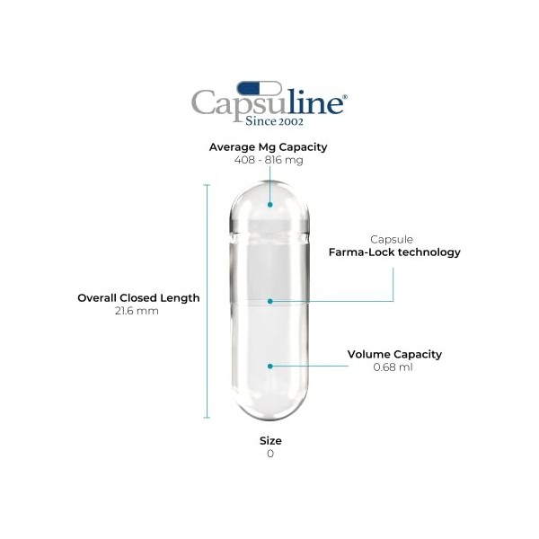 Capsuline Lot de 5000 capsules de gélatine vides, taille 0, transparentes, fabriquées en Amérique du Nord et du Sud, certifié