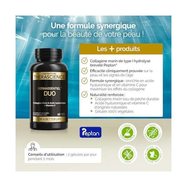 DERMASSENTIEL DUO | Repulpe, Raffermit & Hydrate| Collagène marin hydrolysé Peptan® |Efficacité testée cliniquement | Acide h