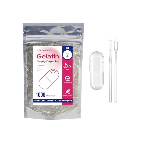 ATLEMISME Capsules Vides en Gélatine - Taille 2, Lot de 1000 - Qualité Premium, Dissolution Rapide, Idéales pour Suppléments 