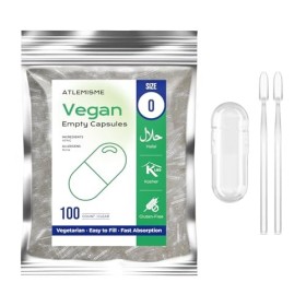 ATLEMISME Gélules Vides Végétales Taille 0 - Lot de 100 avec 2 Cuillères - Sans Gélatine - Gélules Faciles à Remplir et à Dis