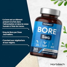 Bore 5 mg | 365 Comprimés Végétaliennes | 1 An | Boron Supplément | Hautement Dosé | Horbaach