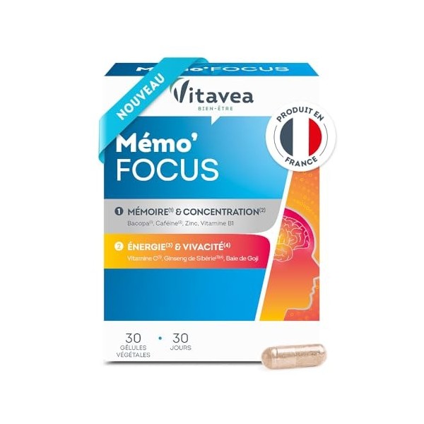 VITAVEA BIEN-ETRE - MémoFocus - Complément alimentaire mémoire, concentration et vitalité - Bacopa, Caféine, Zinc, Vitamine 